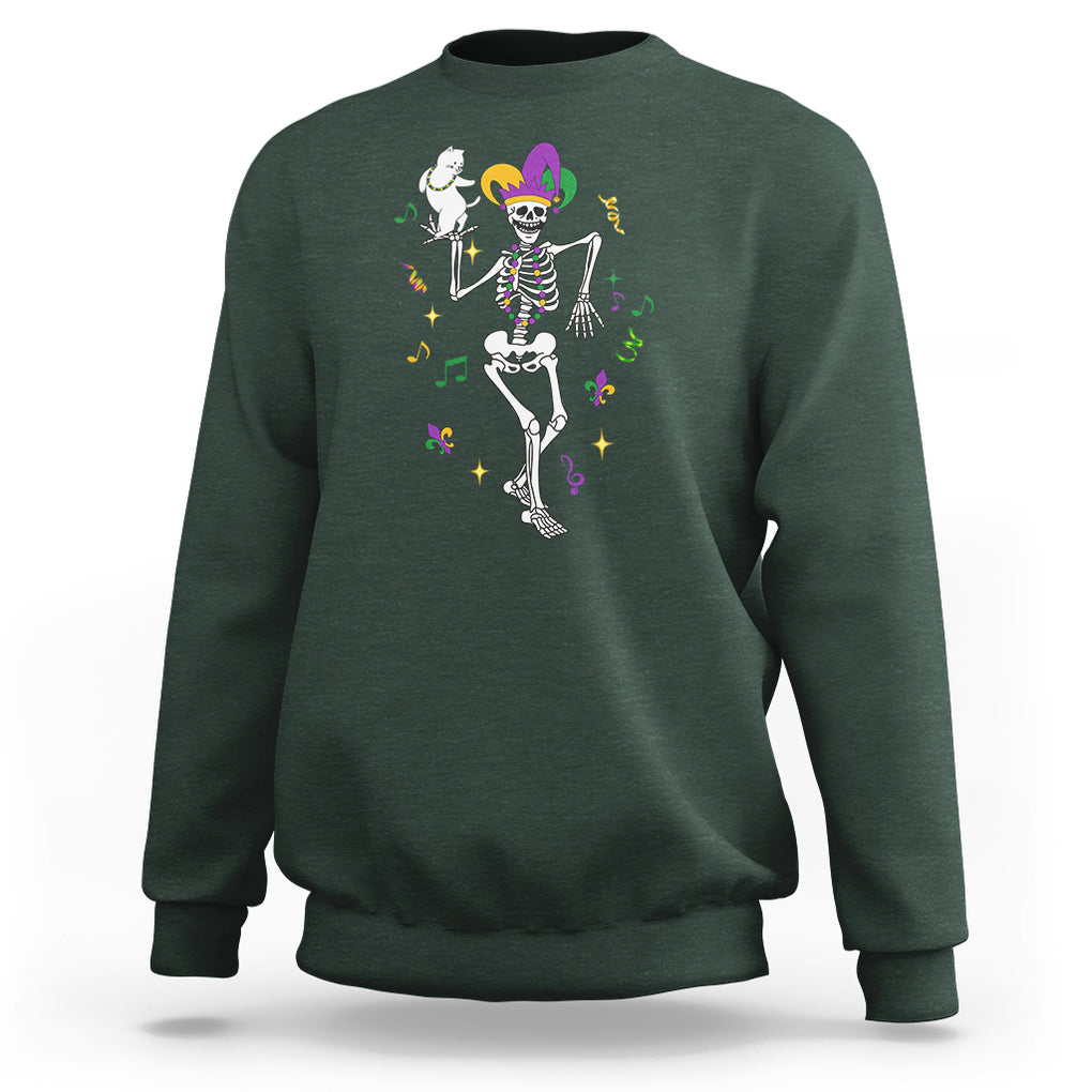 Mardi Gras Funny Jester Skeleton Dancing With Cat Sweatshirt TS09 Dark Forest Green Printyourwear