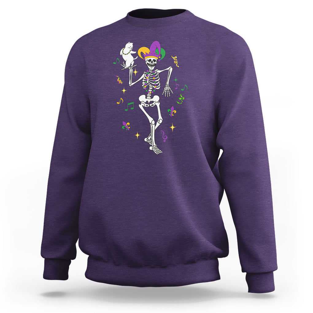 Mardi Gras Funny Jester Skeleton Dancing With Cat Sweatshirt TS09 Purple Printyourwear