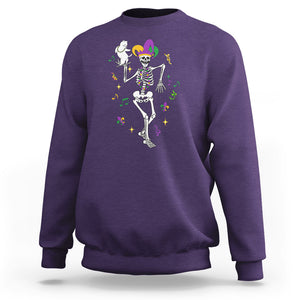 Mardi Gras Funny Jester Skeleton Dancing With Cat Sweatshirt TS09 Purple Printyourwear