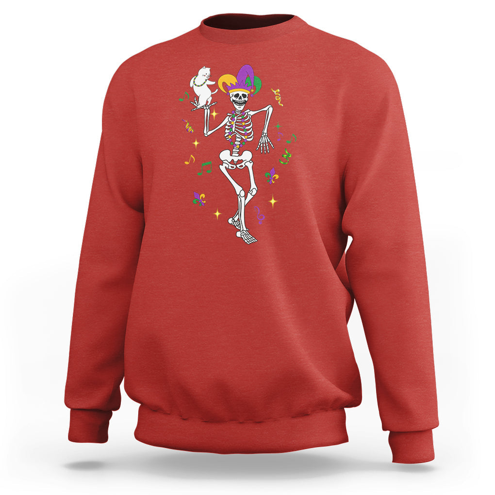 Mardi Gras Funny Jester Skeleton Dancing With Cat Sweatshirt TS09 Red Printyourwear