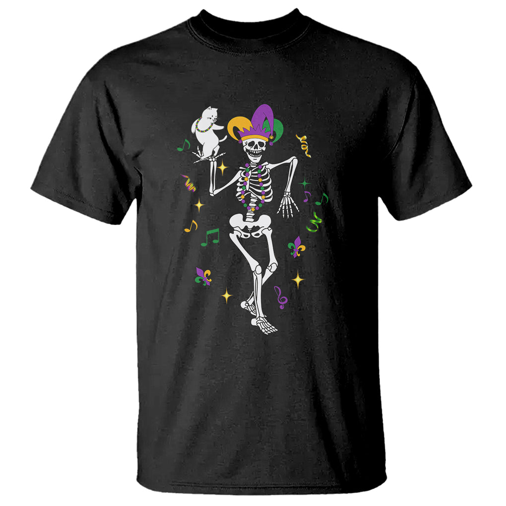 Mardi Gras Funny Jester Skeleton Dancing With Cat T Shirt TS09 Black Printyourwear