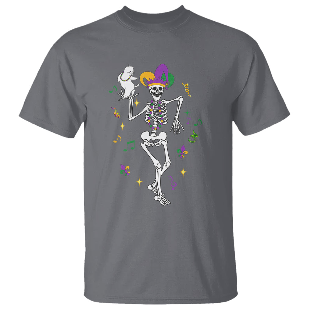 Mardi Gras Funny Jester Skeleton Dancing With Cat T Shirt TS09 Charcoal Printyourwear