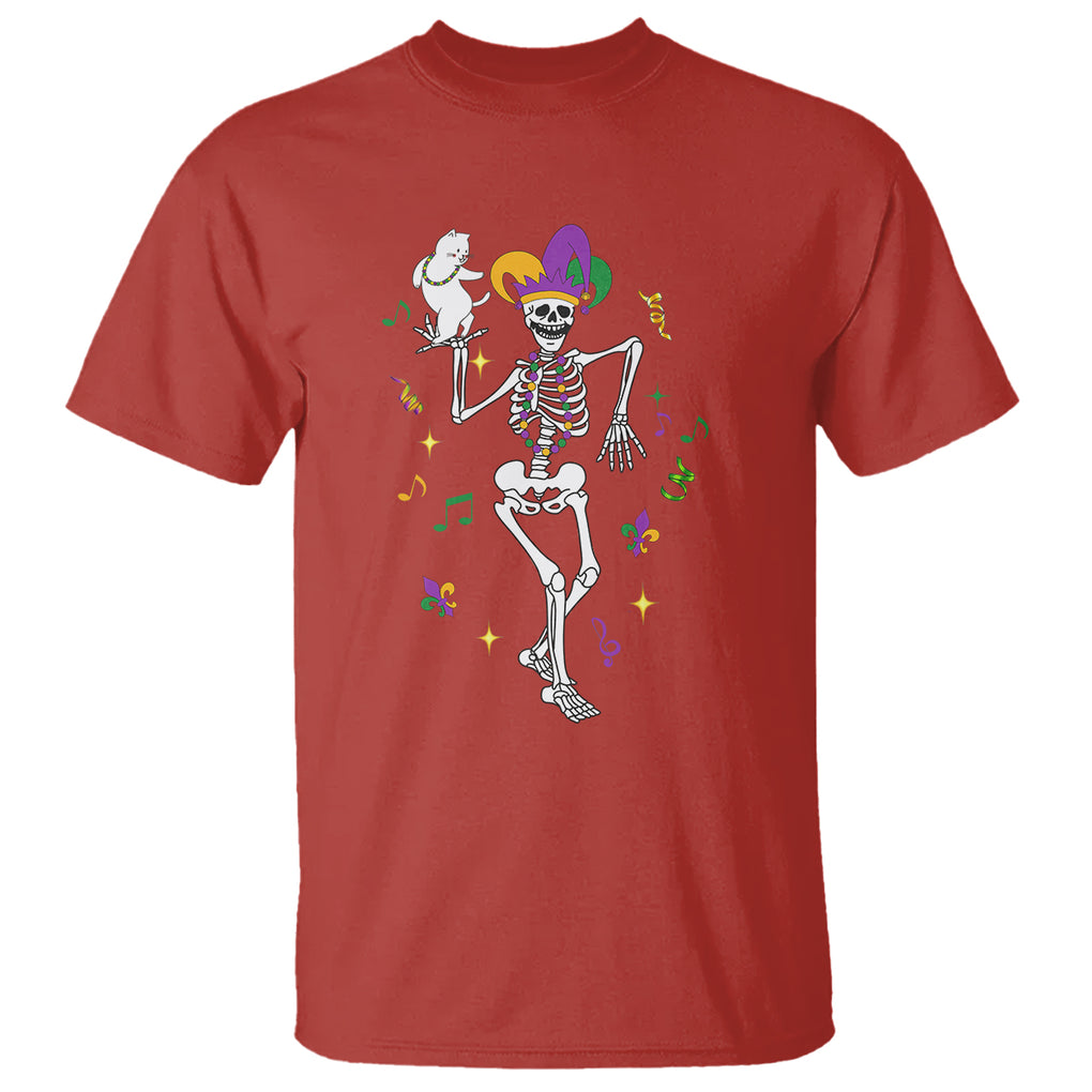 Mardi Gras Funny Jester Skeleton Dancing With Cat T Shirt TS09 Red Printyourwear