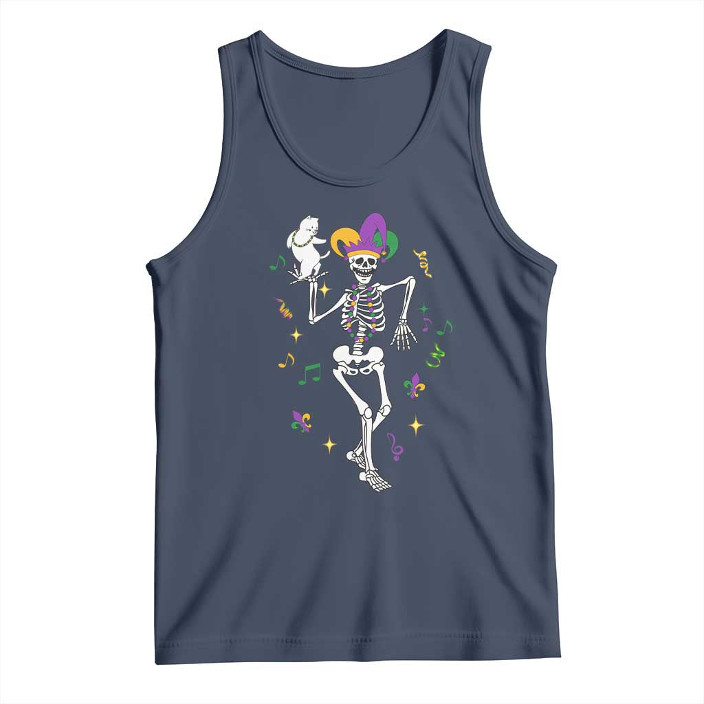 Mardi Gras Funny Jester Skeleton Dancing With Cat Tank Top TS09 Navy Print Your Wear