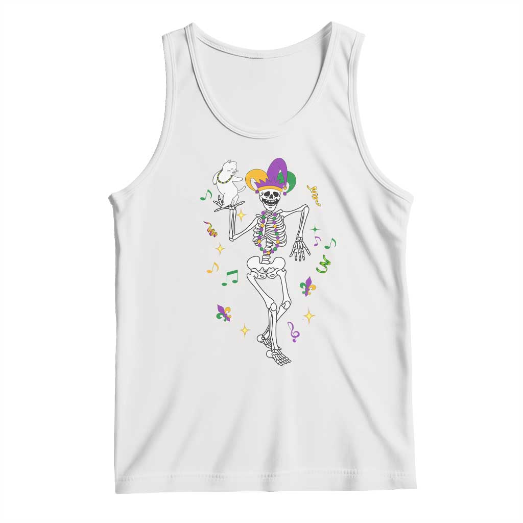 Mardi Gras Funny Jester Skeleton Dancing With Cat Tank Top TS09 White Print Your Wear