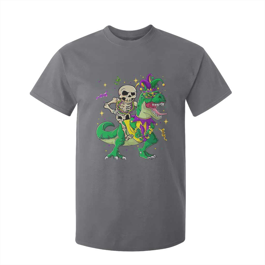 Mardi Gras Funny Skeleton On Dinosaur Jester Beads T Shirt For Kid TS09 Charcoal Print Your Wear