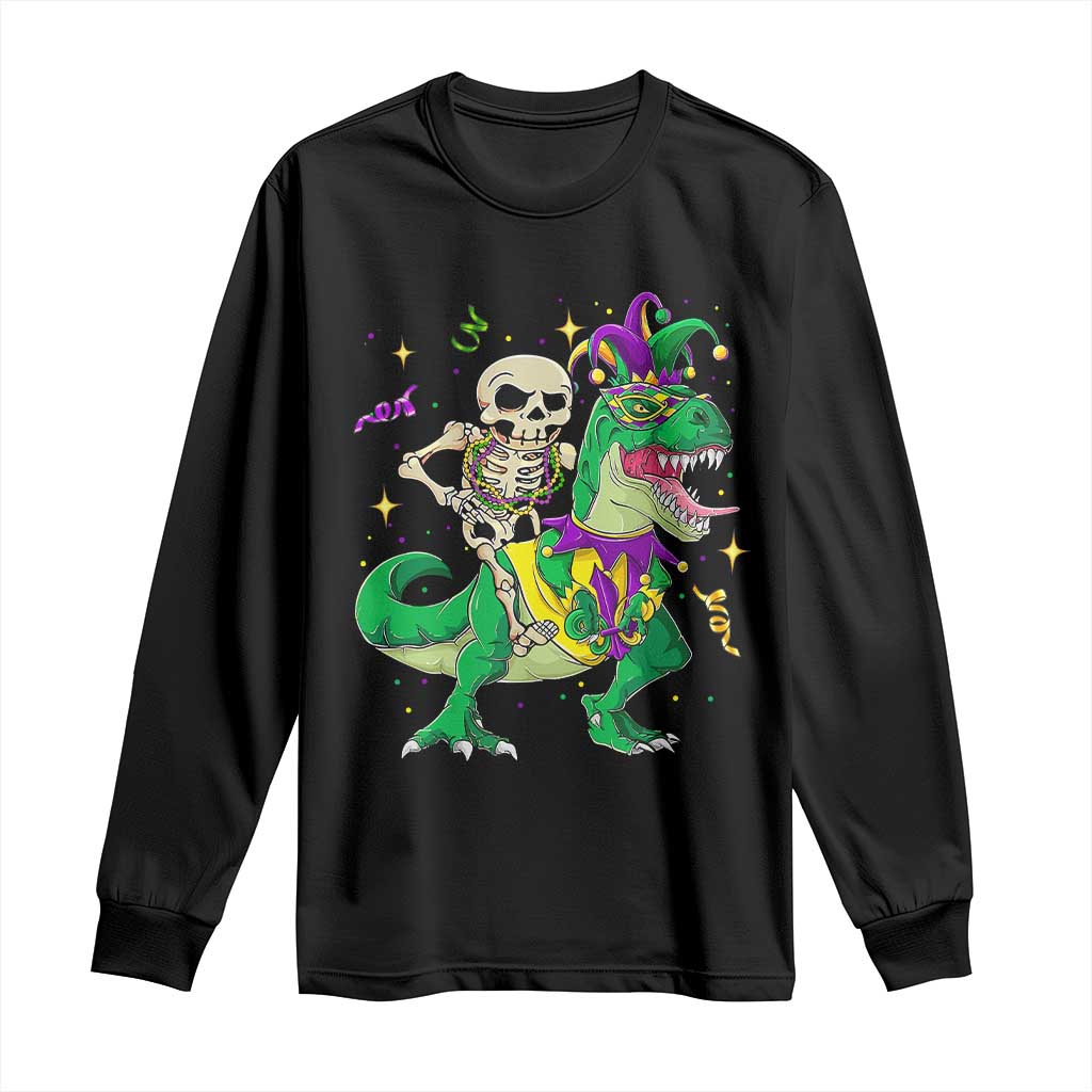 Mardi Gras Funny Skeleton On Dinosaur Jester Beads Long Sleeve Shirt TS09 Black Print Your Wear