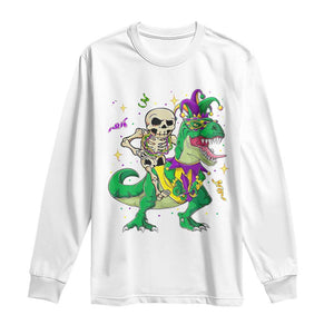 Mardi Gras Funny Skeleton On Dinosaur Jester Beads Long Sleeve Shirt TS09 White Print Your Wear