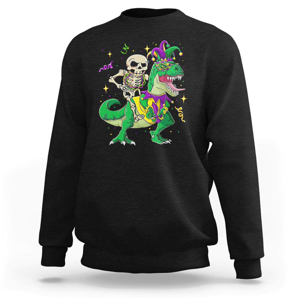 Mardi Gras Funny Skeleton On Dinosaur Jester Beads Sweatshirt TS09 Black Printyourwear