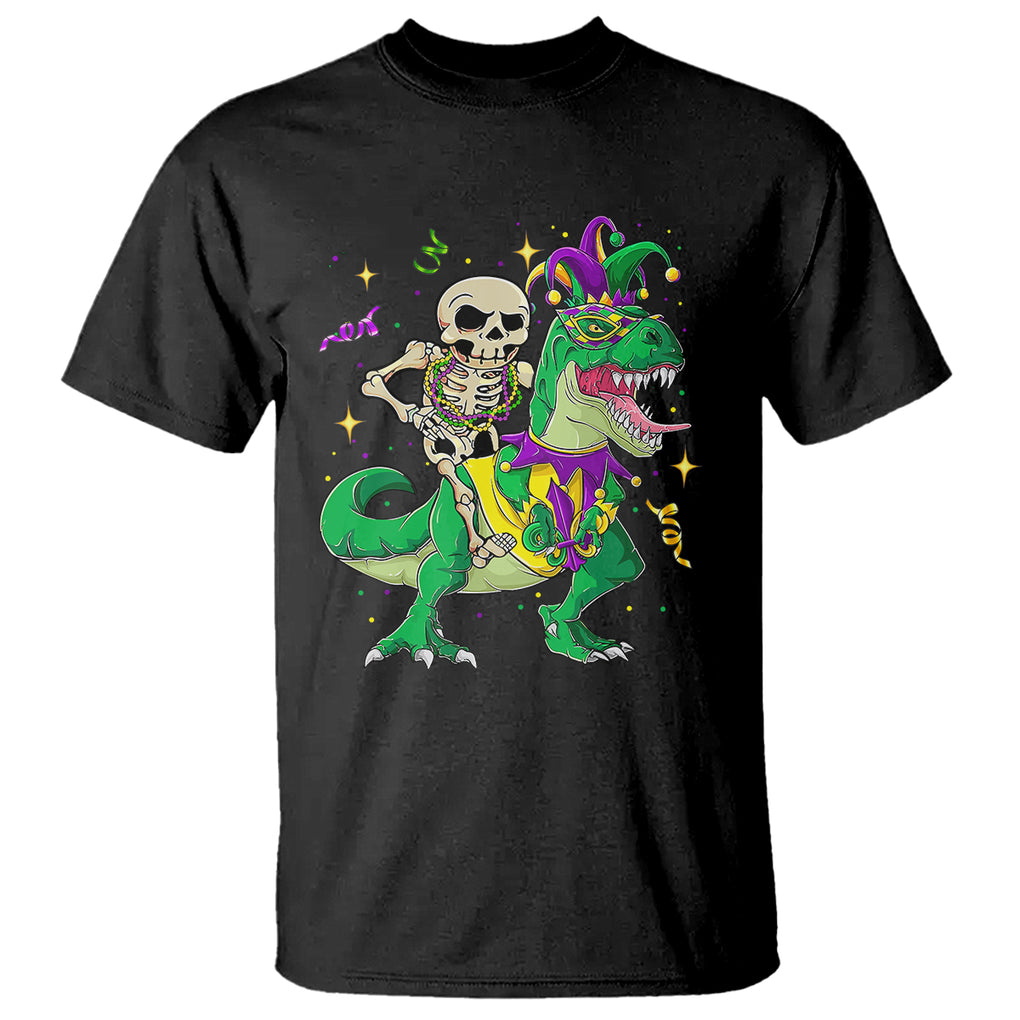 Mardi Gras Funny Skeleton On Dinosaur Jester Beads T Shirt TS09 Black Printyourwear