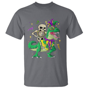 Mardi Gras Funny Skeleton On Dinosaur Jester Beads T Shirt TS09 Charcoal Printyourwear