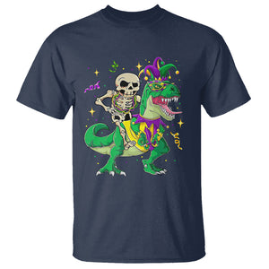 Mardi Gras Funny Skeleton On Dinosaur Jester Beads T Shirt TS09 Navy Printyourwear