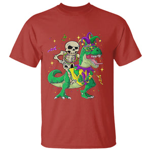 Mardi Gras Funny Skeleton On Dinosaur Jester Beads T Shirt TS09 Red Printyourwear