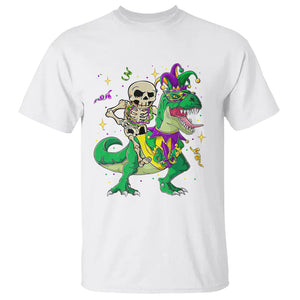 Mardi Gras Funny Skeleton On Dinosaur Jester Beads T Shirt TS09 White Printyourwear