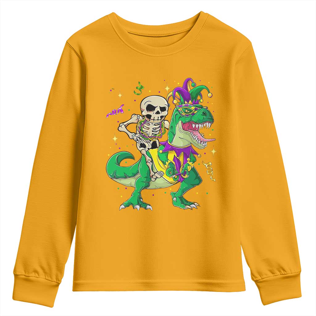 Mardi Gras Funny Skeleton On Dinosaur Jester Beads Youth Sweatshirt TS09 Gold Print Your Wear