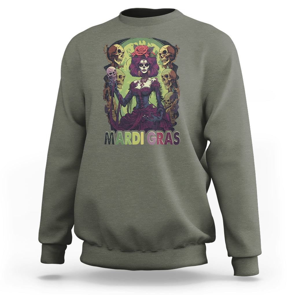 Mardi Gras Sweatshirt Voodoo Queen Skeleton Witch Creepy Skull TS09 Military Green Printyourwear