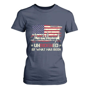 Trump 2025 T Shirt For Women Pun Unbidened By What Has Been American Flag TS09 Navy Print Your Wear