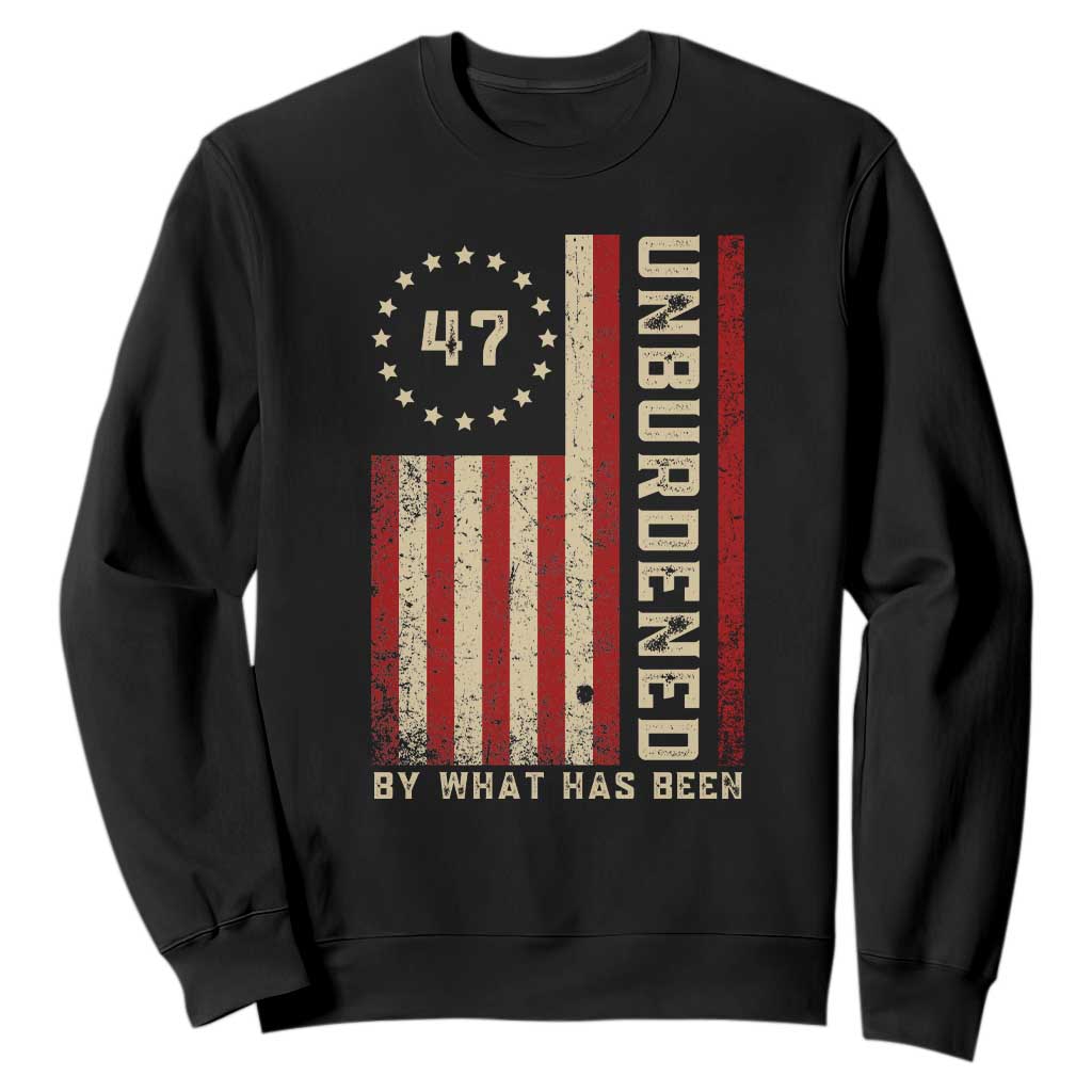 Trump 2025 Sweatshirt Unburdened By What Has Been American Flag TS09 Black Print Your Wear