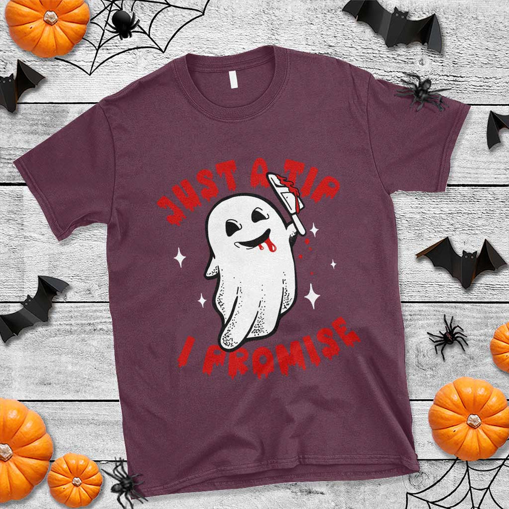 Funny Halloween T Shirt Cute Ghost Just The Tip I Promise TS09 Maroon Print Your Wear