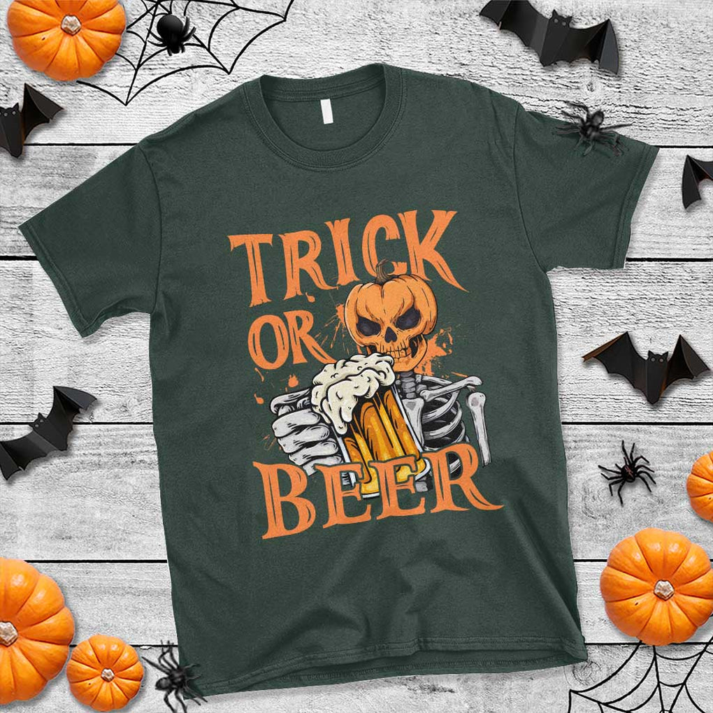 Funny Halloween Beer T Shirt Trick Or Beer Drinking Pumpkin Skeleton TS09 Dark Forest Green Print Your Wear