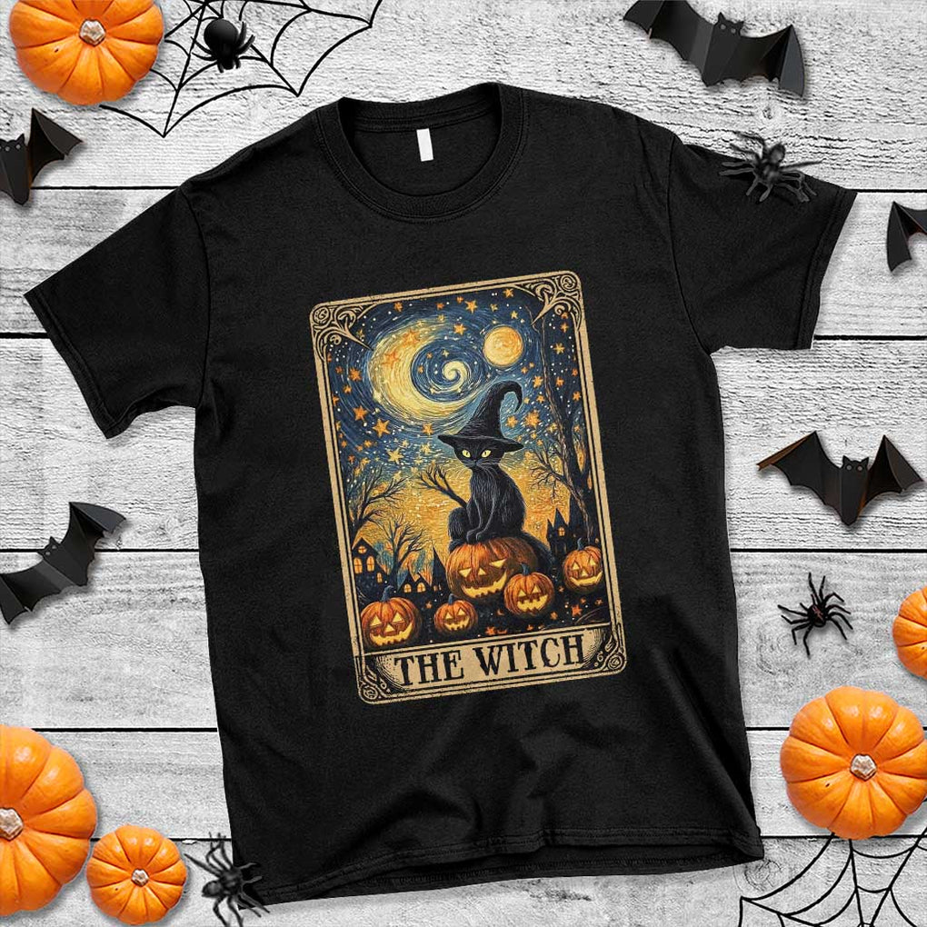 Black Cat Witch T Shirt The Witch Tarot Card Starry Night Spooky Halloween TS09 Black Print Your Wear