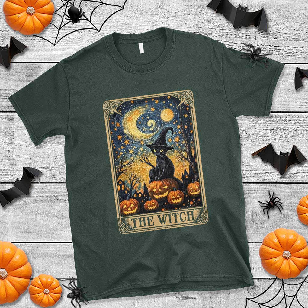 Black Cat Witch T Shirt The Witch Tarot Card Starry Night Spooky Halloween TS09 Dark Forest Green Print Your Wear