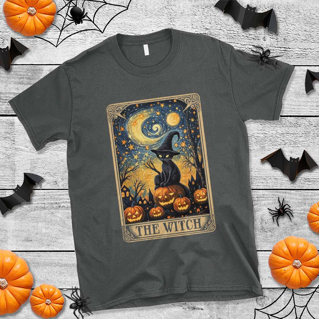 Black Cat Witch T Shirt The Witch Tarot Card Starry Night Spooky Halloween TS09 Dark Heather Print Your Wear