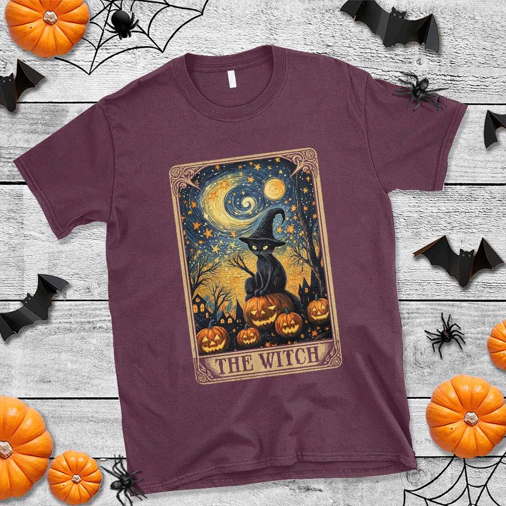 Black Cat Witch T Shirt The Witch Tarot Card Starry Night Spooky Halloween TS09 Maroon Print Your Wear