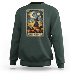 Black Cat Witch Sweatshirt The Witch Tarot Card Starry Night Spooky Halloween TS09 Dark Forest Green Print Your Wear