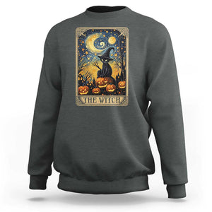 Black Cat Witch Sweatshirt The Witch Tarot Card Starry Night Spooky Halloween TS09 Dark Heather Print Your Wear