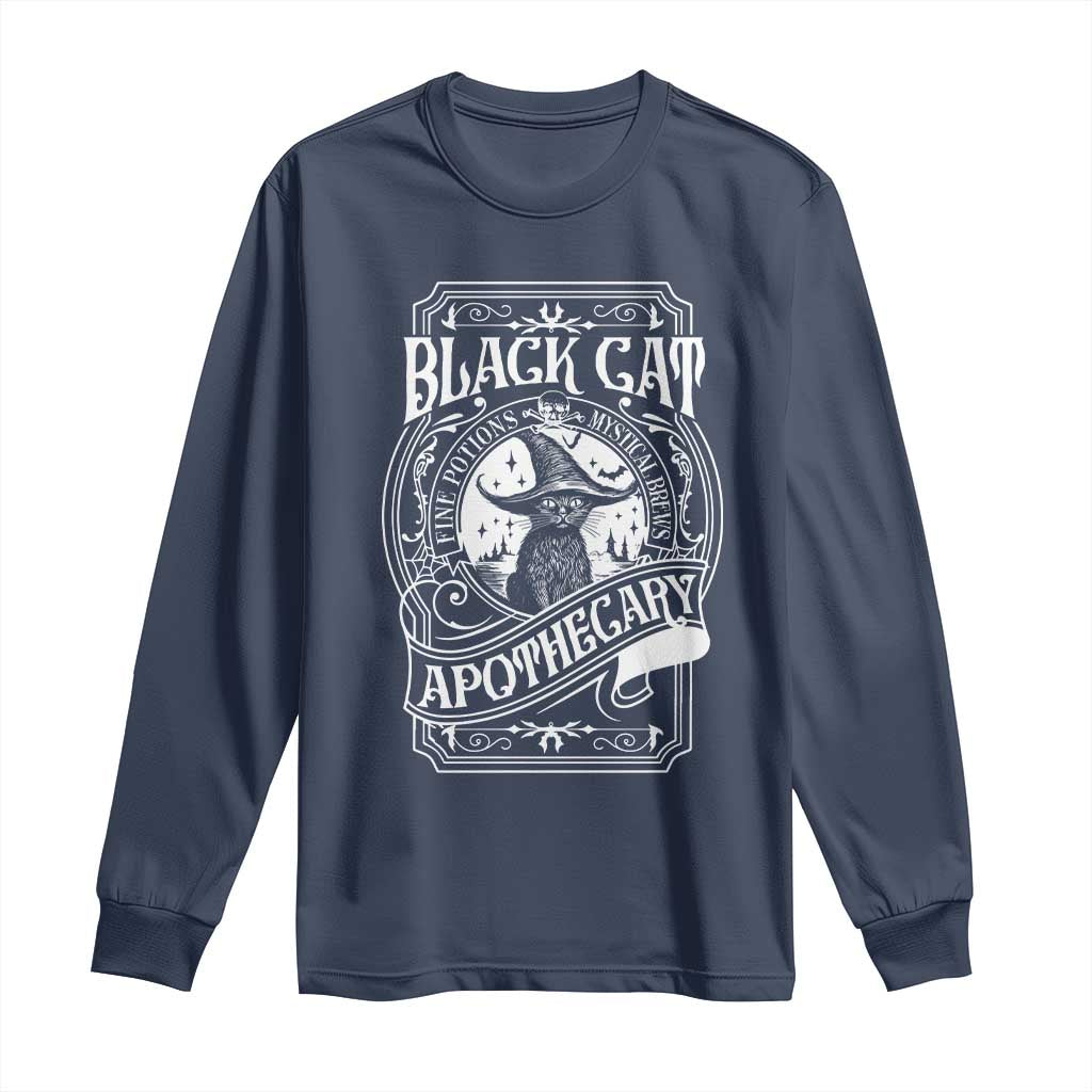 Black Cat Witch Long Sleeve Shirt Salem Apothecary Graphic Halloween TS09 Navy Print Your Wear