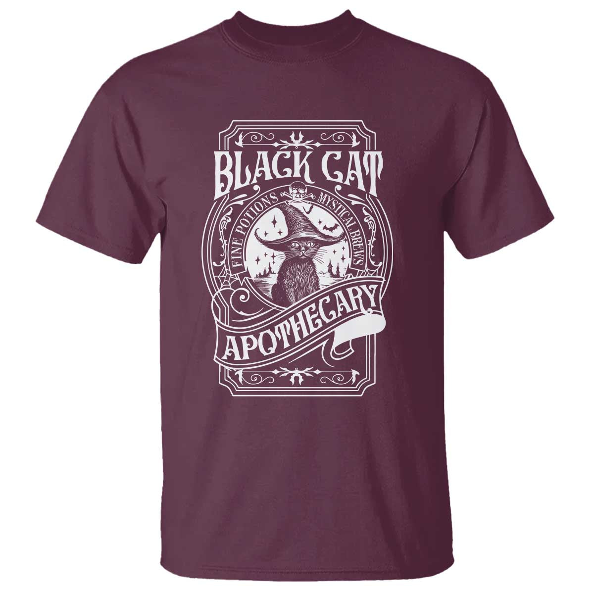 Black Cat Witch T Shirt Salem Apothecary Graphic Halloween TS09 Maroon Print Your Wear