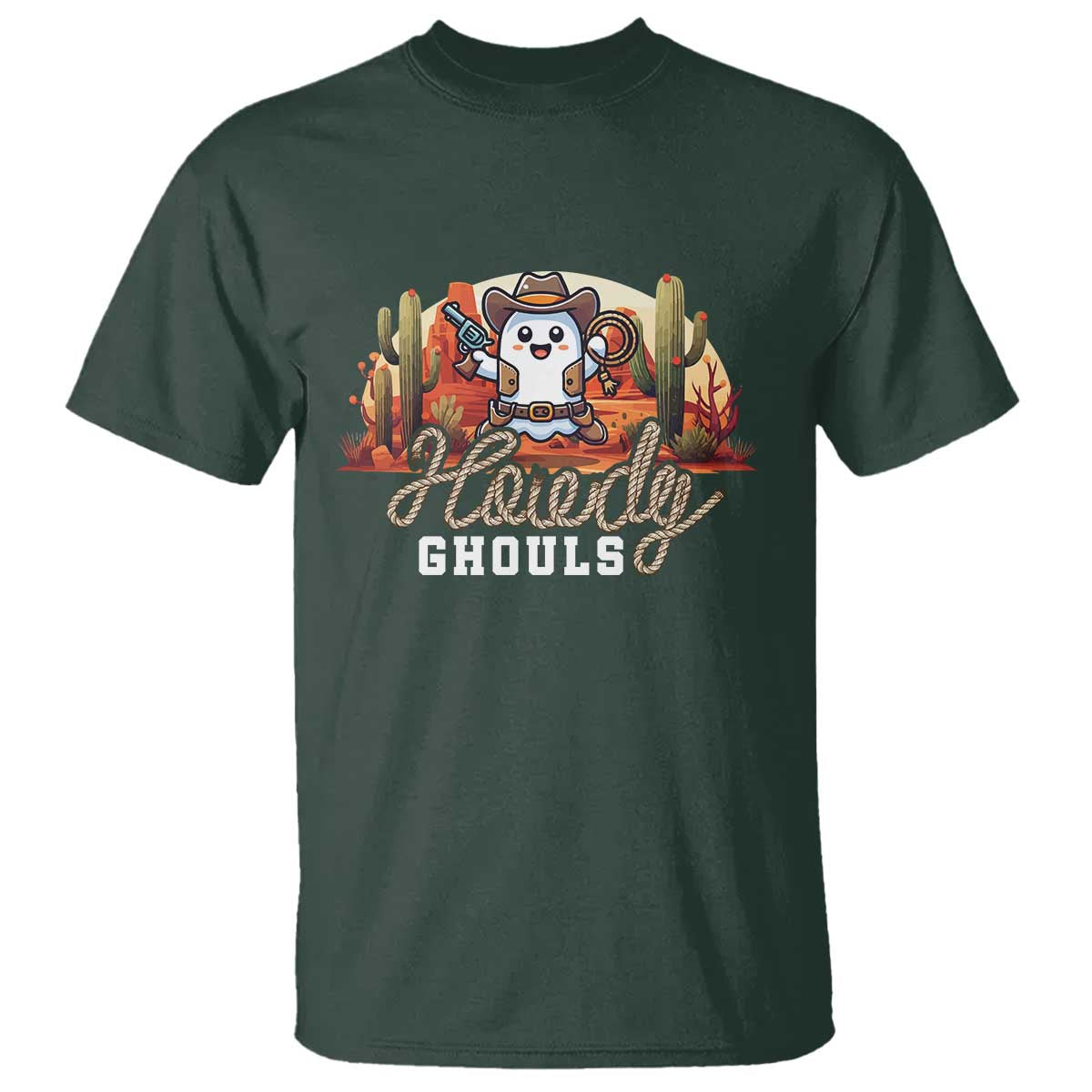 Halloween Cowboy T Shirt Howdy Ghouls Funny Western Ghost TS09 Dark Forest Green Print Your Wear