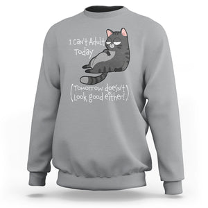 I Can't Adult Today Tomorrow Doesn't Look Good Either Funny Meme Cat Sweatshirt TS09 Sport Gray Printyourwear