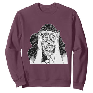 Creepy Aesthetic All Eyes On Me Psycho Girl Sweatshirt TS09 Maroon Print Your Wear