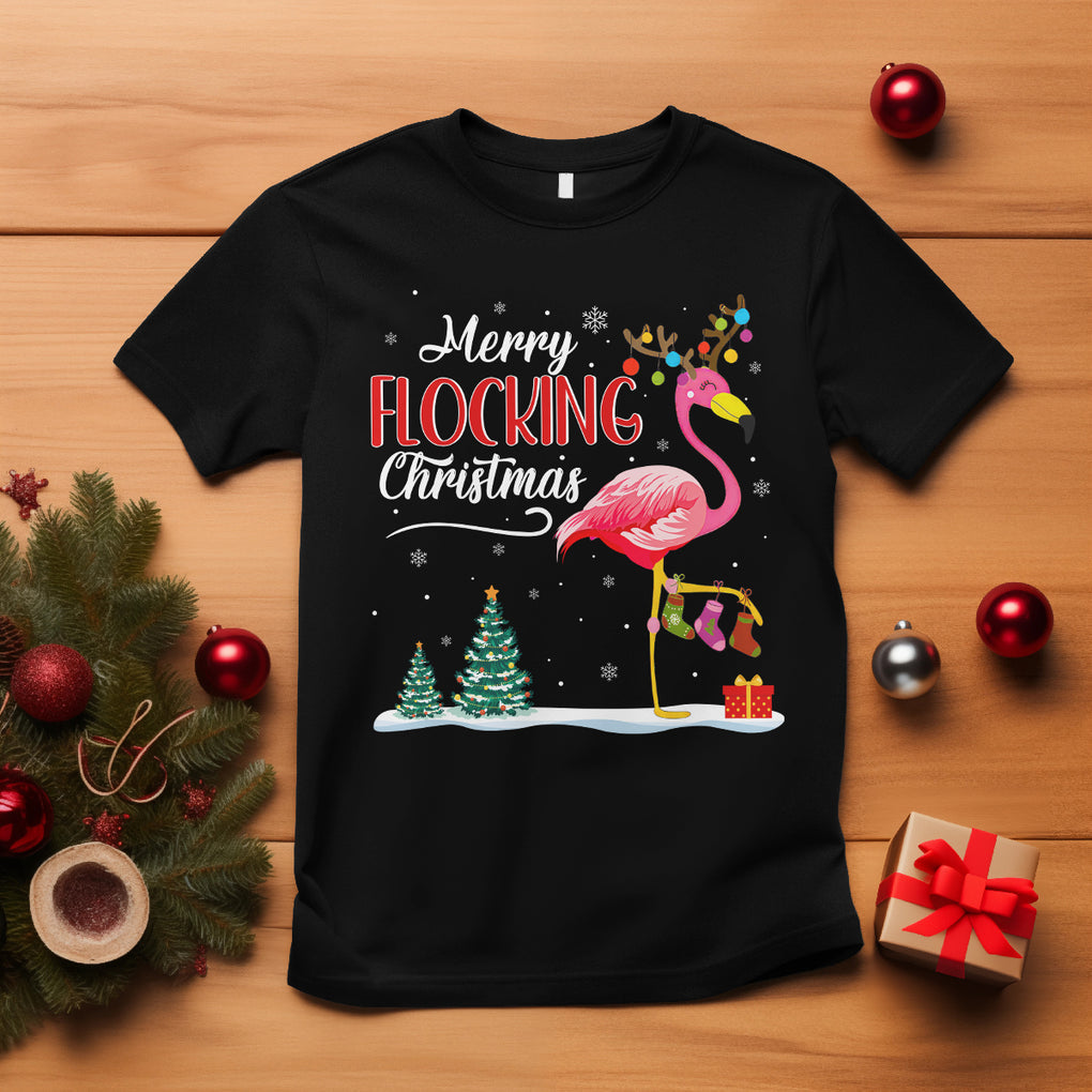 Merry Flocking Christmas Pink Flamingo Funny Xmas Socks T Shirt TS09 Black Printyourwear