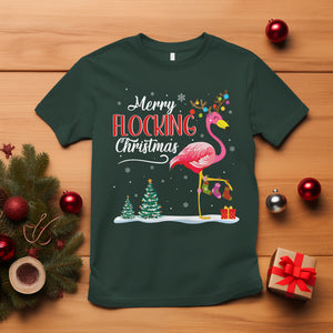 Merry Flocking Christmas Pink Flamingo Funny Xmas Socks T Shirt TS09 Dark Forest Green Printyourwear