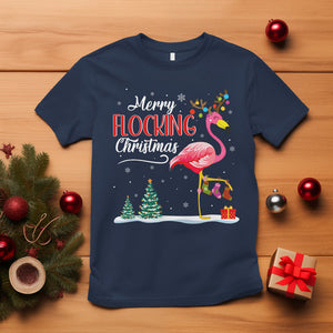 Merry Flocking Christmas Pink Flamingo Funny Xmas Socks T Shirt TS09 Navy Printyourwear