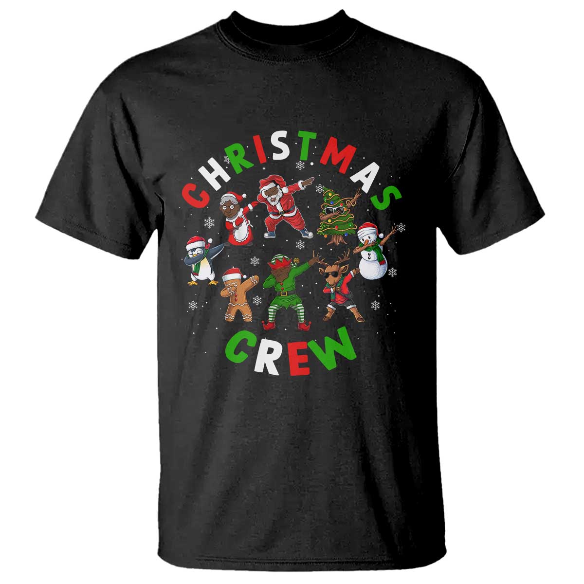 Christmas Crew Black African American Santa Reindeer Snowman Dabbing T Shirt TS09 Black Printyourwear