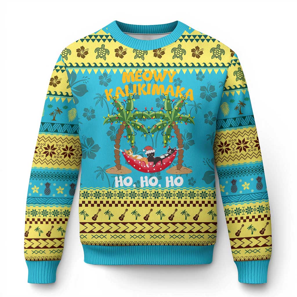 Funny Xmas In Hawaii Ugly Christmas Sweater Meowy Kalikimaka Cat Chillin' Ho Ho Ho Xmas Palm Tree TS09 Hawaii Print Your Wear
