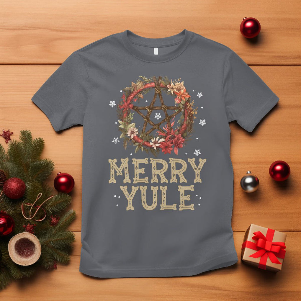 Merry Yule And Winter Solstice Flower Wreath Pentagram T Shirt TS09 Charcoal Printyourwear