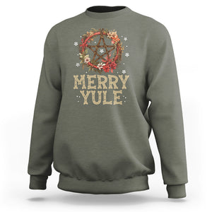 Merry Yule And Winter Solstice Flower Wreath Pentagram Sweatshirt TS09 Military Green Printyourwear