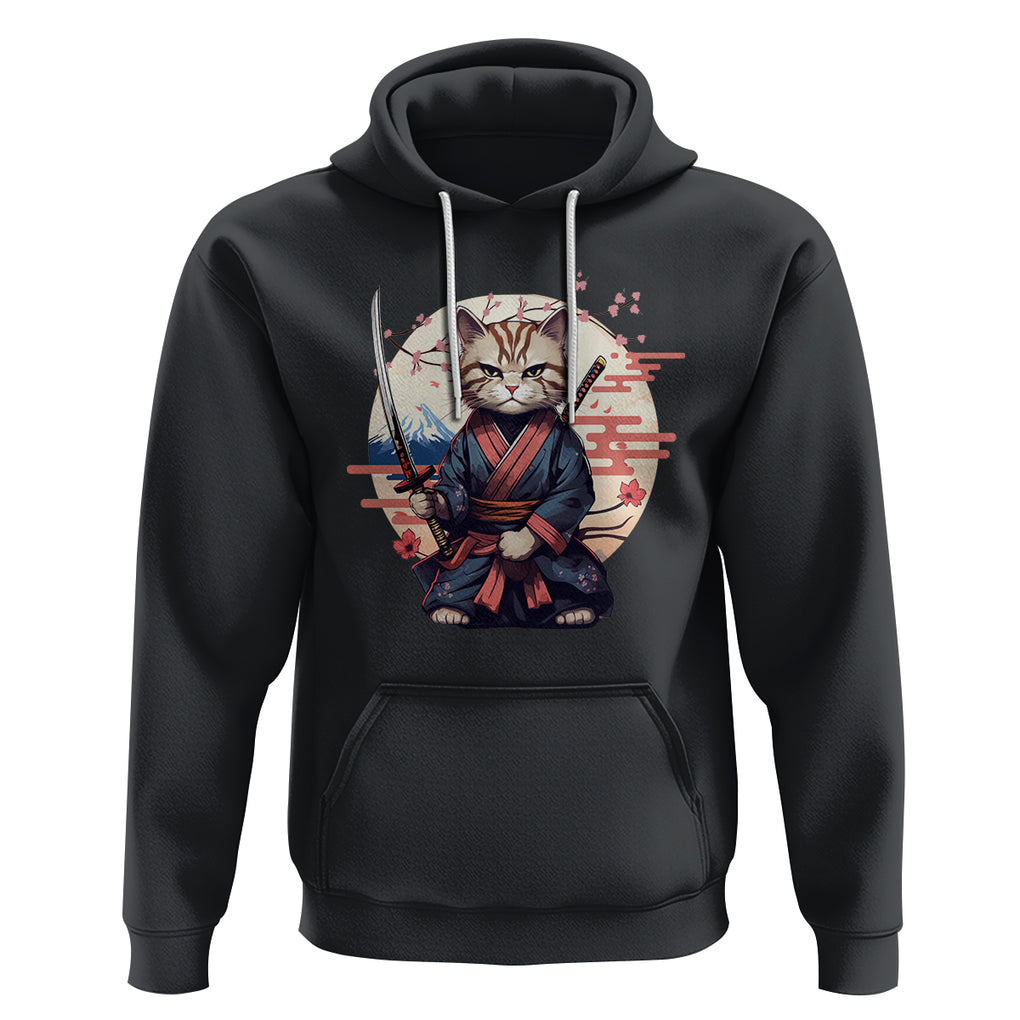 Samurai Cat Hoodie Japanese Aesthetic Vintage Cherry Bloosoms TS09 Black Printyourwear