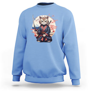 Samurai Cat Sweatshirt Japanese Aesthetic Vintage Cherry Bloosoms TS09 Carolina Blue Printyourwear