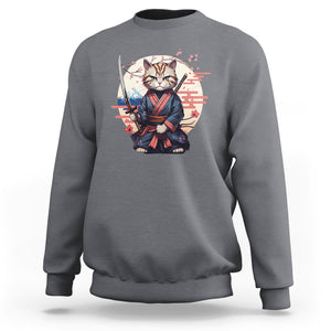 Samurai Cat Sweatshirt Japanese Aesthetic Vintage Cherry Bloosoms TS09 Charcoal Printyourwear