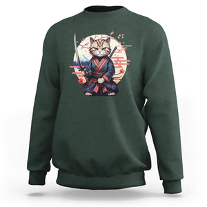 Samurai Cat Sweatshirt Japanese Aesthetic Vintage Cherry Bloosoms TS09 Dark Forest Green Printyourwear