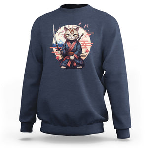 Samurai Cat Sweatshirt Japanese Aesthetic Vintage Cherry Bloosoms TS09 Navy Printyourwear