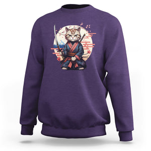 Samurai Cat Sweatshirt Japanese Aesthetic Vintage Cherry Bloosoms TS09 Purple Printyourwear