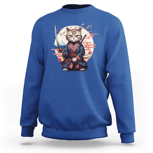 Samurai Cat Sweatshirt Japanese Aesthetic Vintage Cherry Bloosoms TS09 Royal Blue Printyourwear