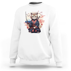 Samurai Cat Sweatshirt Japanese Aesthetic Vintage Cherry Bloosoms TS09 White Printyourwear